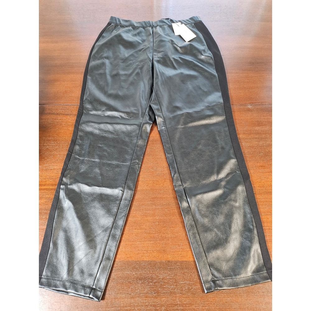 Halston Black Faux Leather Side Stripe Pull On Pants HHWW2160010 Womens Size L